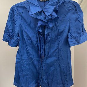 Blue silk blouse with pleated collar